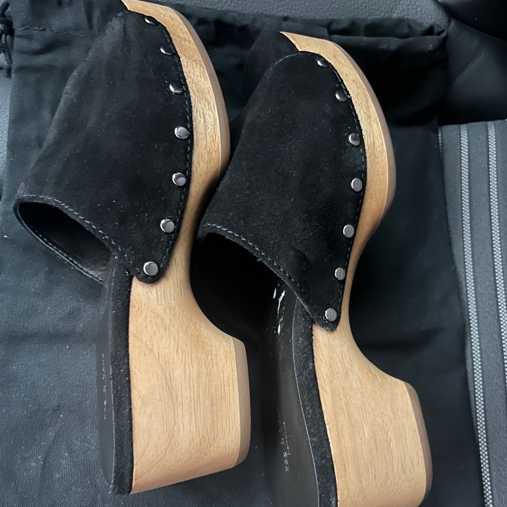 rag & bone Black Suede Mules with Wooden Heel